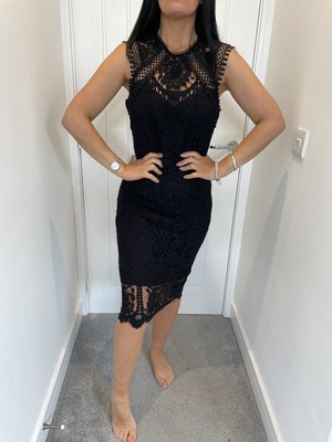 Bnwt Lipsy Vip Black Crochet Lace Bodycon Midi Length Dress Size 10 Rrp £130