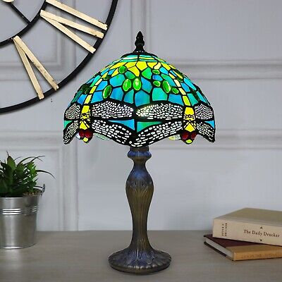Tiffany Dragonfly Style Green Table Lamp Handmade Stained Glass 10 Inch Shade UK