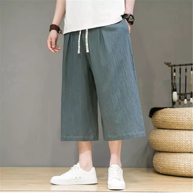 Summer Chinese Wide Leg Cropped Pants Mens Casual Vintage Cotton Linen Pants 5XL