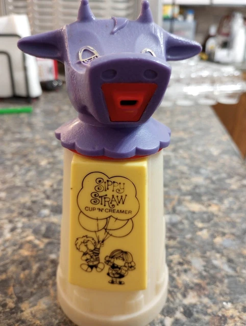 Vintage USA Whirley Industries Purple Top Cow Sippy Straw Cup “n” Creamer 