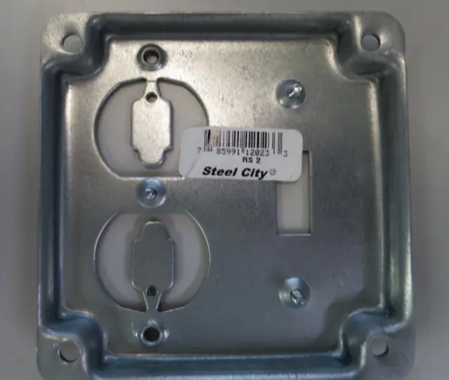 4" Sq Exposed Work Cover Toggle Switch/ Duplex Receptacle Steel City RS2