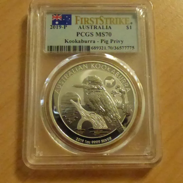 Australia 1$ Kookaburra 2019 privy Pig MS70 silver 99.9% 1 oz in SLAB   (argent)