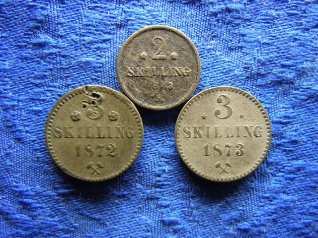 NORWAY 2 SKILLING 1843 corroded, 3 SKILLING 1972 pecks, 1873 corroded