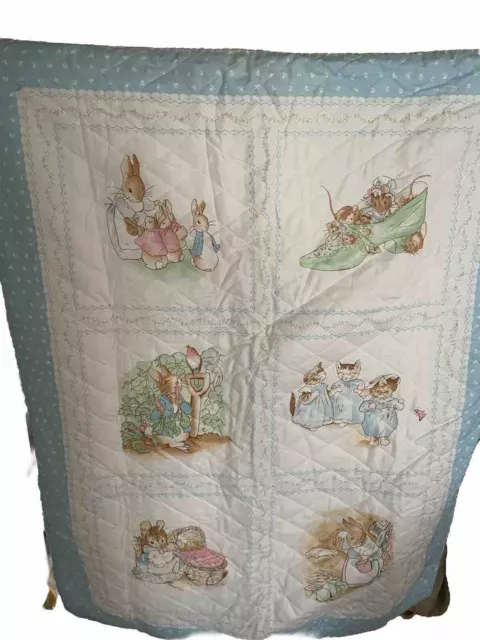 Grandmas Homemade Baby Quilt - White And Blue Rabbits Edition Of 42x33