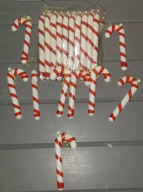 19 Vintage Christmas Candy Cane Hanging Ornaments Plastic Ribbon Set