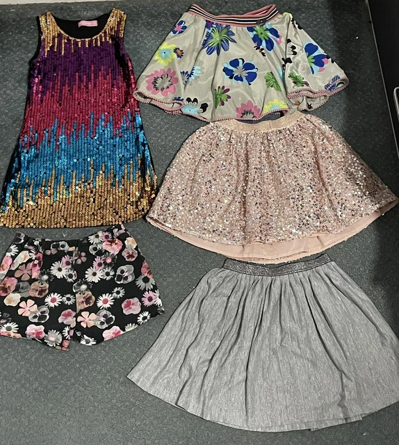 Girls Clothing Bundle Age 7-8yrs Sequin Multicolour Dress, Flare Skirts, Shorts