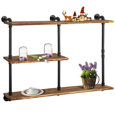 3-Tier Industrial Iron Pipe Shelves Brackets Wall Mounted Floating Wood Shelves
