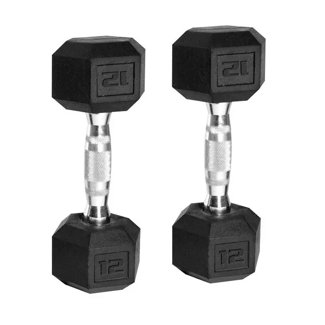 Barbell, 12lb Coated Rubber Hex Dumbbell, Pair