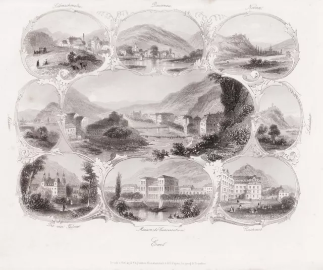 Bad Ems Spa Silberschmelze Feuille Souvenir Table en Acier Engraving 1850