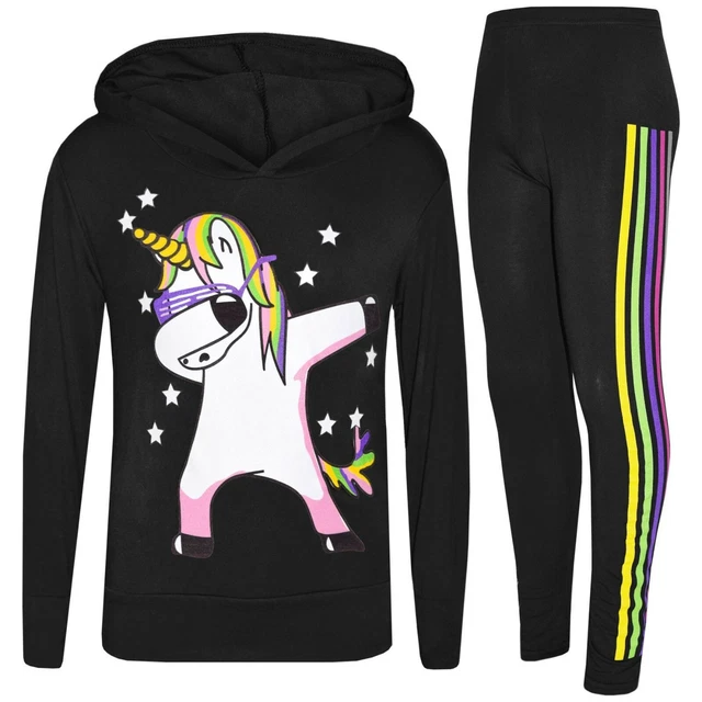 Kids Girls Tracksuit Black Unicorn Rainbow Dab Floss Top Legging Xmas Set