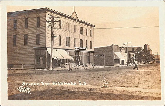 RPPC Highmore South Dakota Street Scene Hotel West & Grain Elevators 1910s