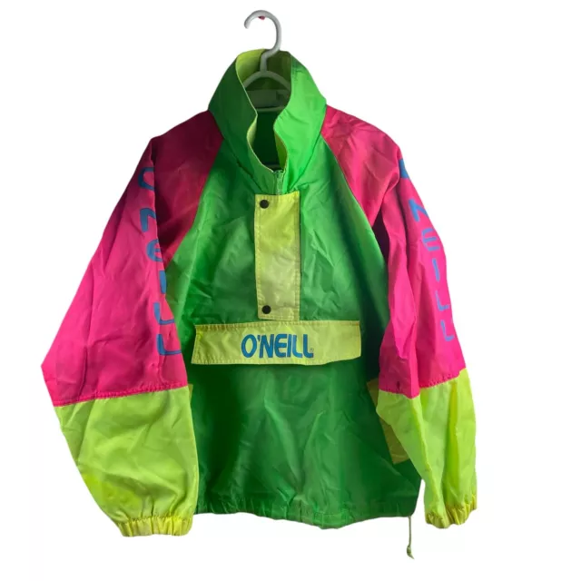 Vintage Pink Yellow Green O'Neill Neon Medium 80s 90s Hooded Ski Light Jacket