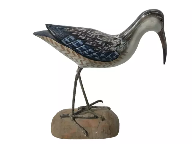 Hand Carved Painted Wood Long Billed Curlew Bird Decoy Stand Folk Decor