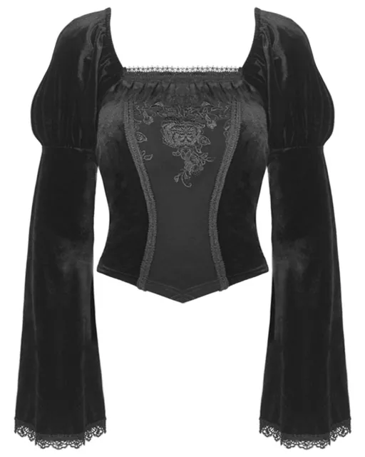 Camicia da donna Dark In Love gotica velluto nero floreale pizzo reggenza vittoriana