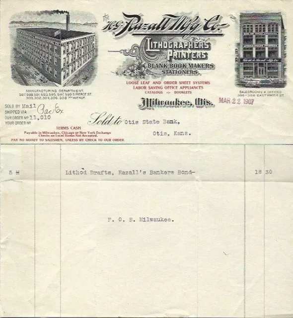 H G Razall Mfg Co Milwaukee WI 1907 Billhead Lithographers Printers & Stationers