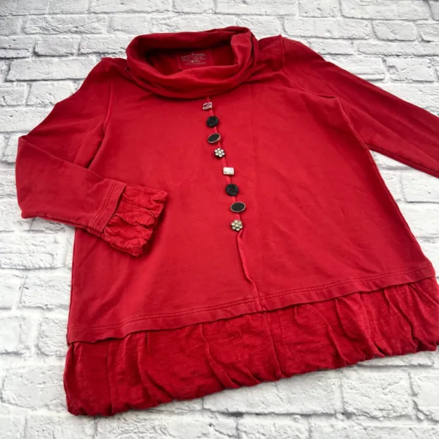 Neon Buddha French Terry Shirt Large Raspberry Cowl Neck Button Embellished