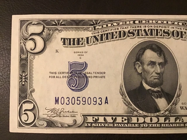 1934 C $5 Five Dollar Silver Certificate Bill old United States currency Crisp