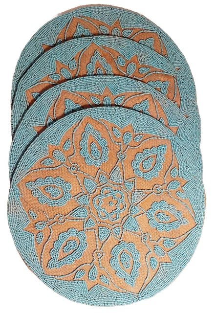 4 Leila’s Linens Glass Bead Placemats Round Teal Ocean Blue Centerpiece Mats