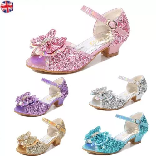 Girls Kids Childrens Low Heel Party Wedding Mary Jane Sparkly Sandals Shoes Size