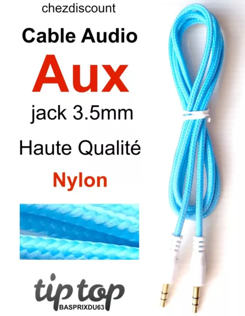 Cable Cordon Adaptateur Prise Auxiliaire Aux Jack 3.5 Nylon Tréssé Audio Stérèo