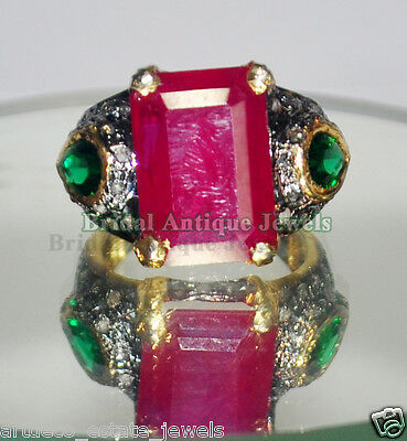1.56ct ROSE CUT DIAMOND EMERALD RUBY .925 STERLING SILVER COCKTAIL RING