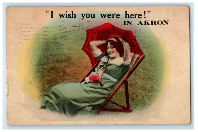 1915 Girl Sitting Chair Umbrella , I Wish You Were Here Akron Ohio OH Postcard