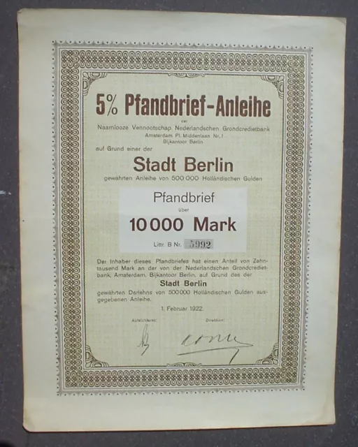 5% Pfandbrief Anleihe Stadt Berlin 10000 Mark 1922 unentwertet  + Kuponbogen