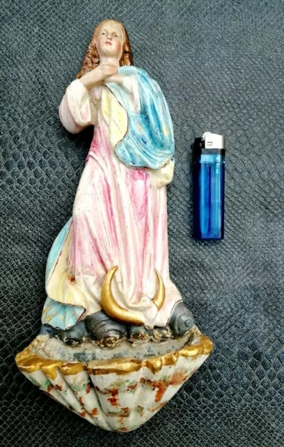 ancien bénitier vierge  joliment peint 19 ème