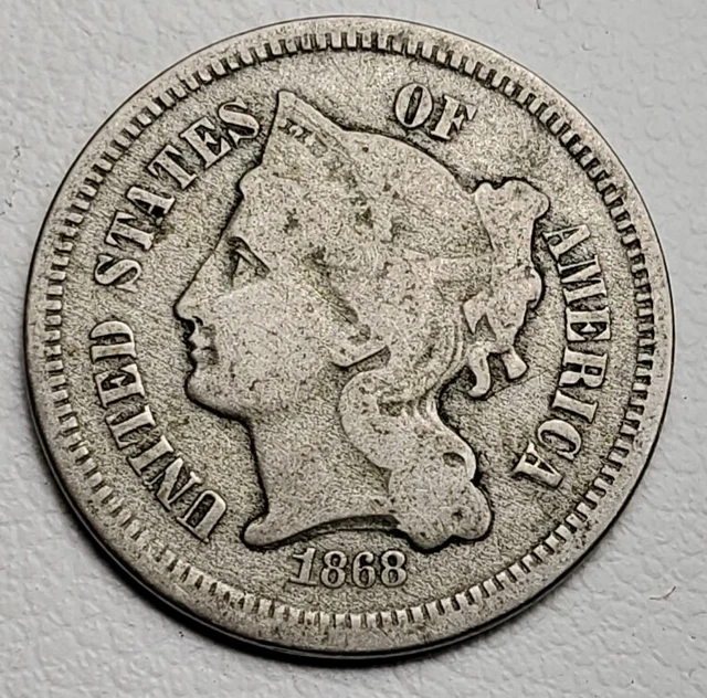 1868 Nickel Three Cents-Km-95-3C-Fine Free Usa Ship-3 Cents-Fn