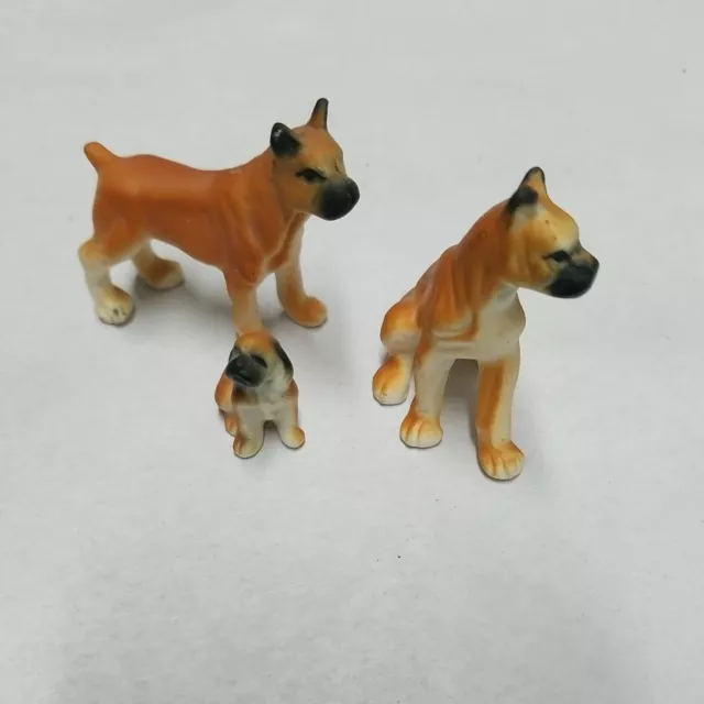 (3) Miniature Boxer Dog/Puppy Figures Bone China Porcelain White & Brown Japan