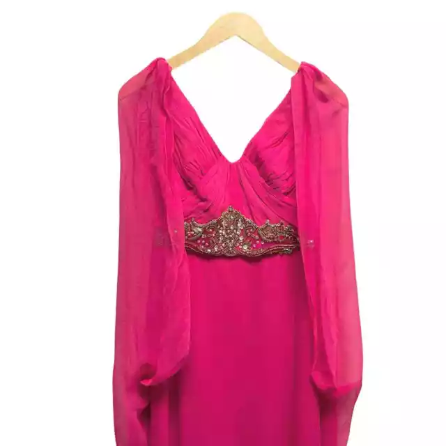 NWT Marchesa Notte Bright Pink Cape-back Embellished silk-chiffon Gown 3
