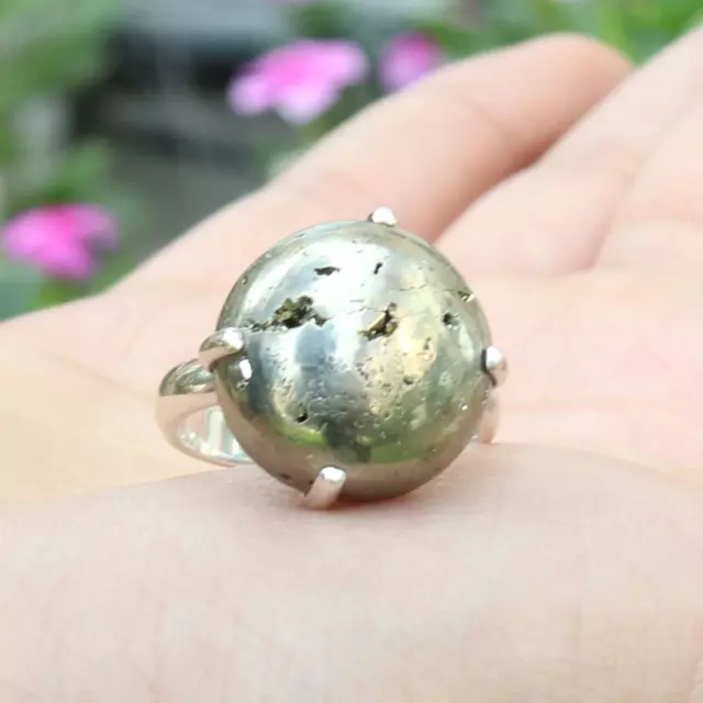 Natural Golden Pyrite Gemstone Ring 925 Sterling Silver Handmade Jewelry For Her