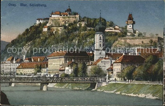 71543666 Graz_Steiermark Partie an der Mur Bruecke Schlossberg mit Uhrturm Graz_