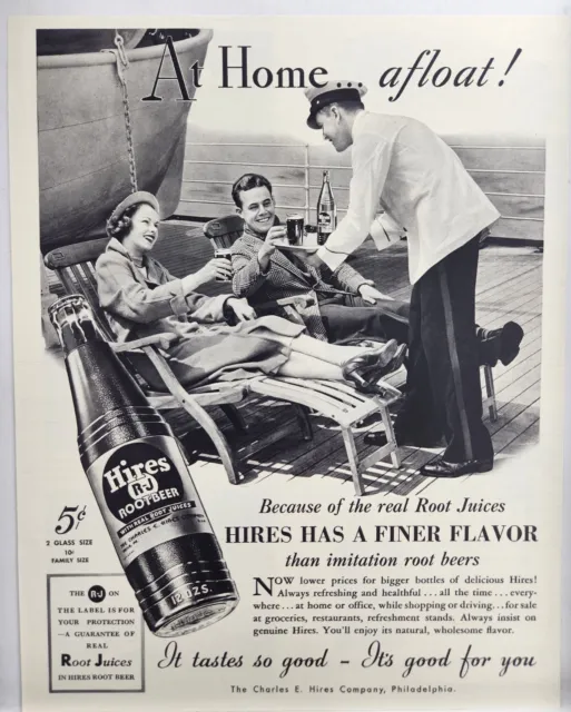 1937 Hires Root Beer On Deck Ship Vtg Print Ad Man Cave Art Deco Poster 30's