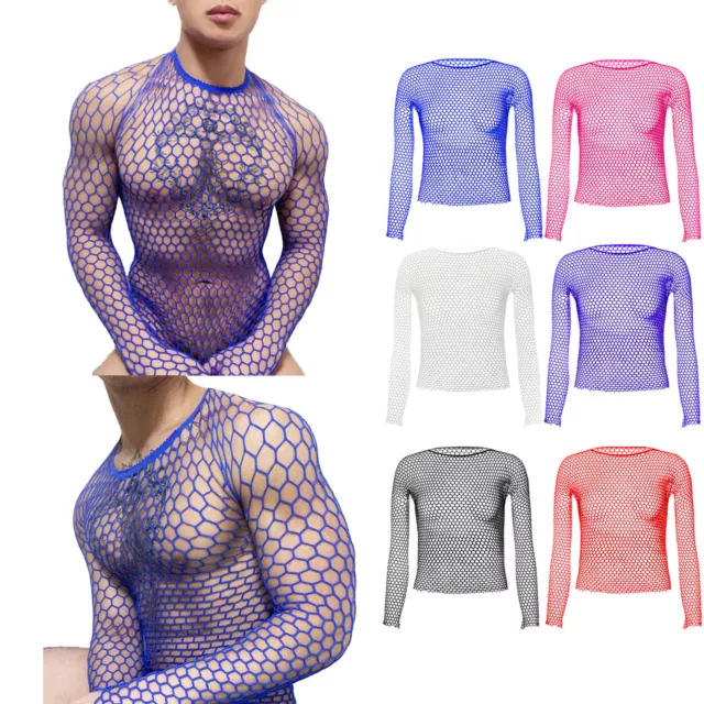 Mens Sexy Mesh See Through Fishnet T-Shirt Long Sleeve Muscle Undershirt Tops