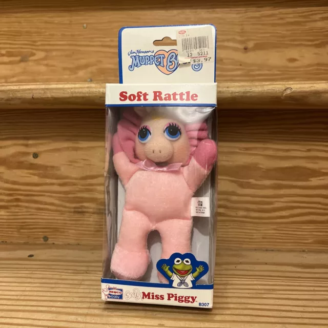 Vintage Muppet Babies Miss Piggy Rattle Plush Stuffed Remco Baby Toy Pink 7"