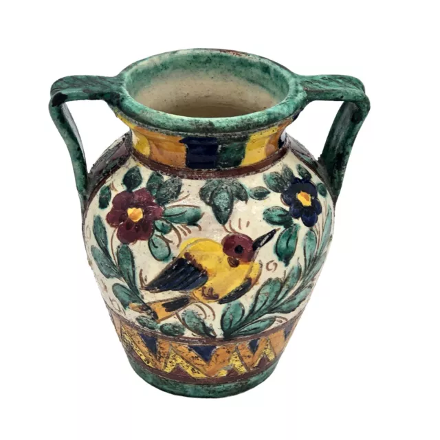 Antique Italy Majolica Tin Glazed Urn/Vase Art Pottery - Birds and Floral Design