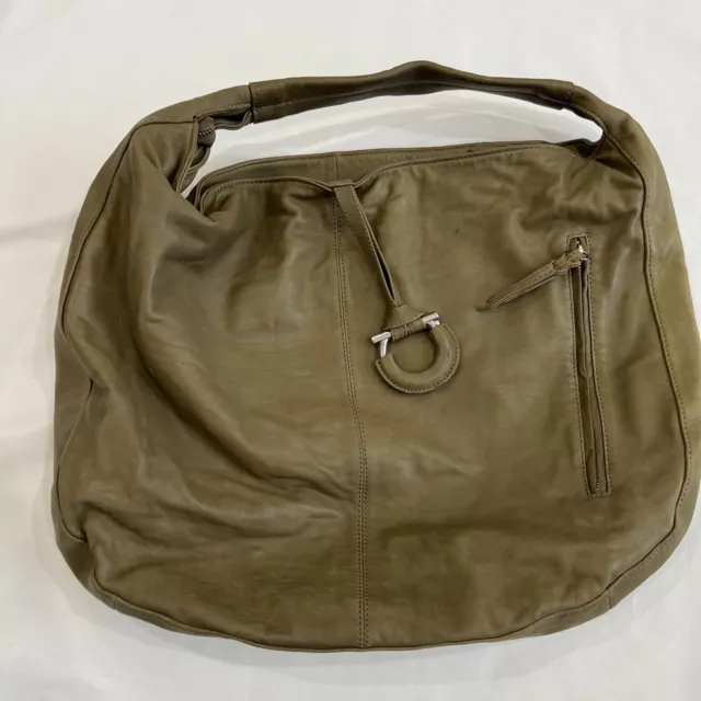 Ferragamo Salvatore Leather Hobo Bag Olive Green Large Oversize Shoulder