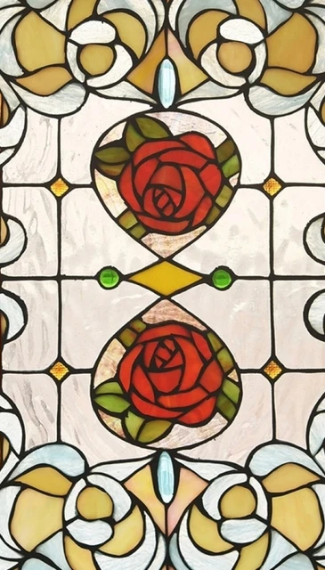 24" Red rose garden duo tiffany style stained glass hanging window panel 2