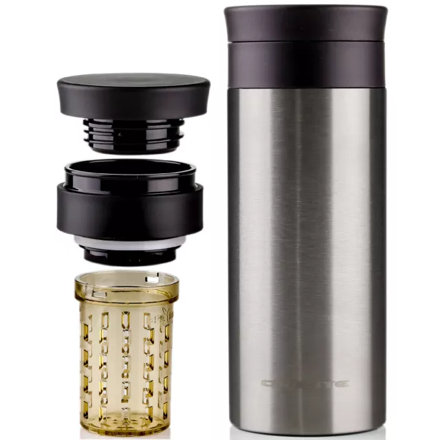 Ovente Vacuum Insulated Mug 12 Ounce Tumbler with Tea Infuser Silver MSA12S