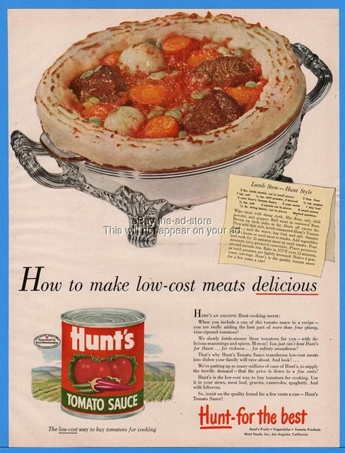 1949 Hunts Tomato Sauce Lamb Stew Recipe Silver Pie Server Magazine Print Ad