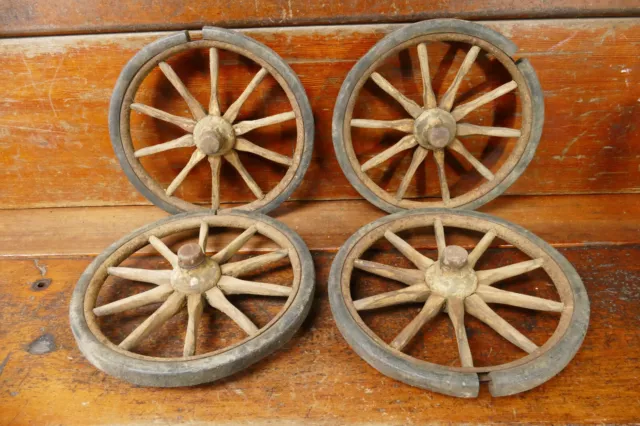 Antique Primitive Wood Spoke Goat Cart Wagon Wheels Set Of 4 - With Grease Caps