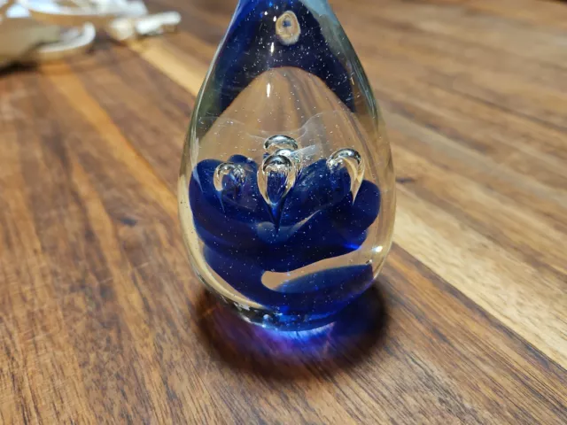 Hand blown Glass Blue Paperweight Bubble 4"h vintage Hand blown Glass Blue Paperweight Bubble 4"h vintage
