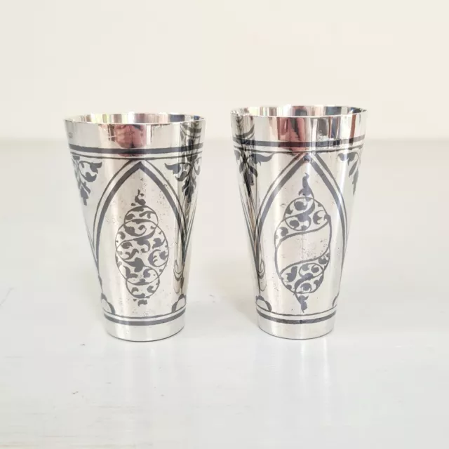 Pair of Vintage Russian Sterling Silver Kubachi Niello 875 Vodka Shot Cups 1966