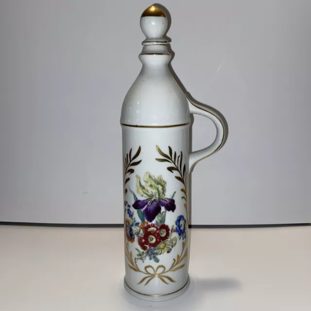 Hand Painted Floral French Decanter Bottle w Stopper For Oil/Scotch/Brandy 12.5”