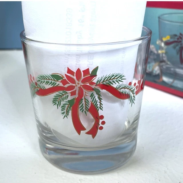Anchor Hocking Poinsettia & Ribbons 4 Piece Glass Set 9oz Rocks Glasses Tumblers 3