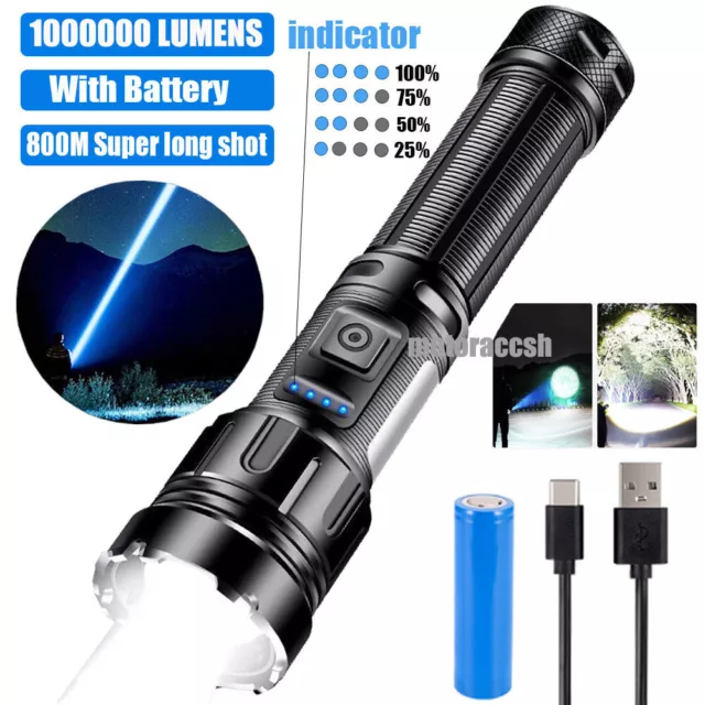 1000000 Lumens LED Flashlight Tactical Light Super Bright Torch USB Rechargeable