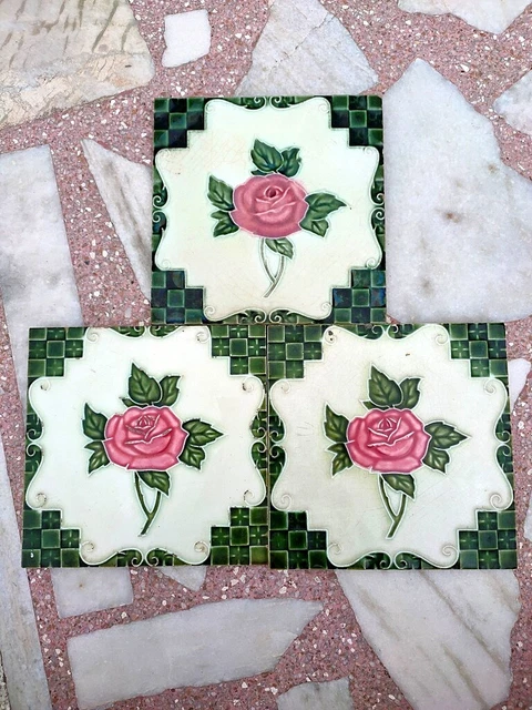 Old Majolica Floral Design Art Nouveau Architecture Furniture Tile England 3Pc