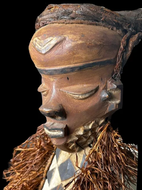 African Pende Mbuye Tribal Wood Ceremonial Mask w/ Raffia 14” Tall