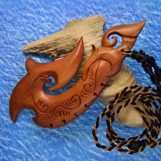 Large Maori Manaia Fish Hook 5" Pendant Macrame Necklace Hei Matau Surfer Unisex